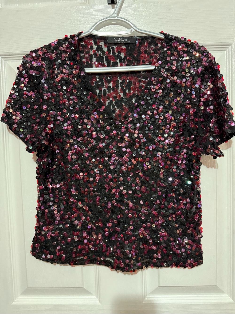 Vera Mont Black Sequin Short Sleeve Top with Pink Accents
